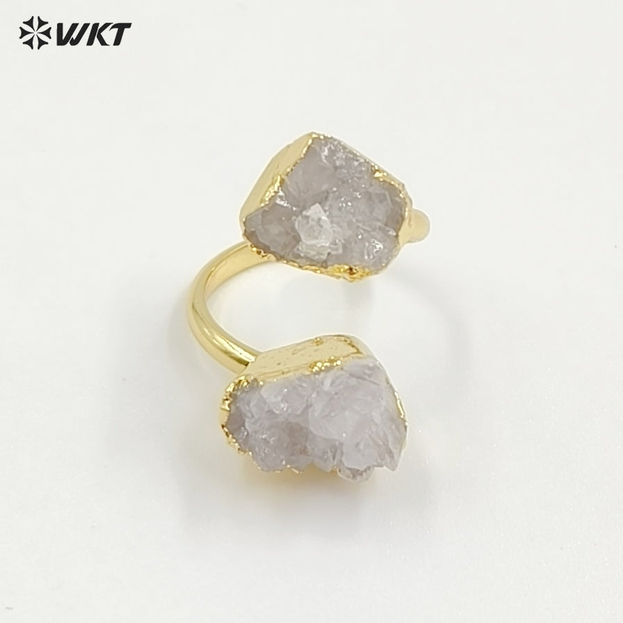 WT-R495 Amazing WKT New Design Natural Double Stone Druzy Crystal Quart and Black Tourmaline Stone Ring in Adjustable Size