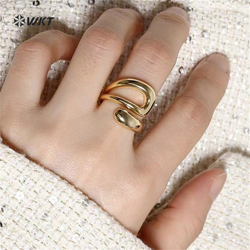 WT-RF012 Fashion Style Yellow Brass In 18K Gold Plated Irregular Cross Hollowing Open Design Women Rings For Daily Match