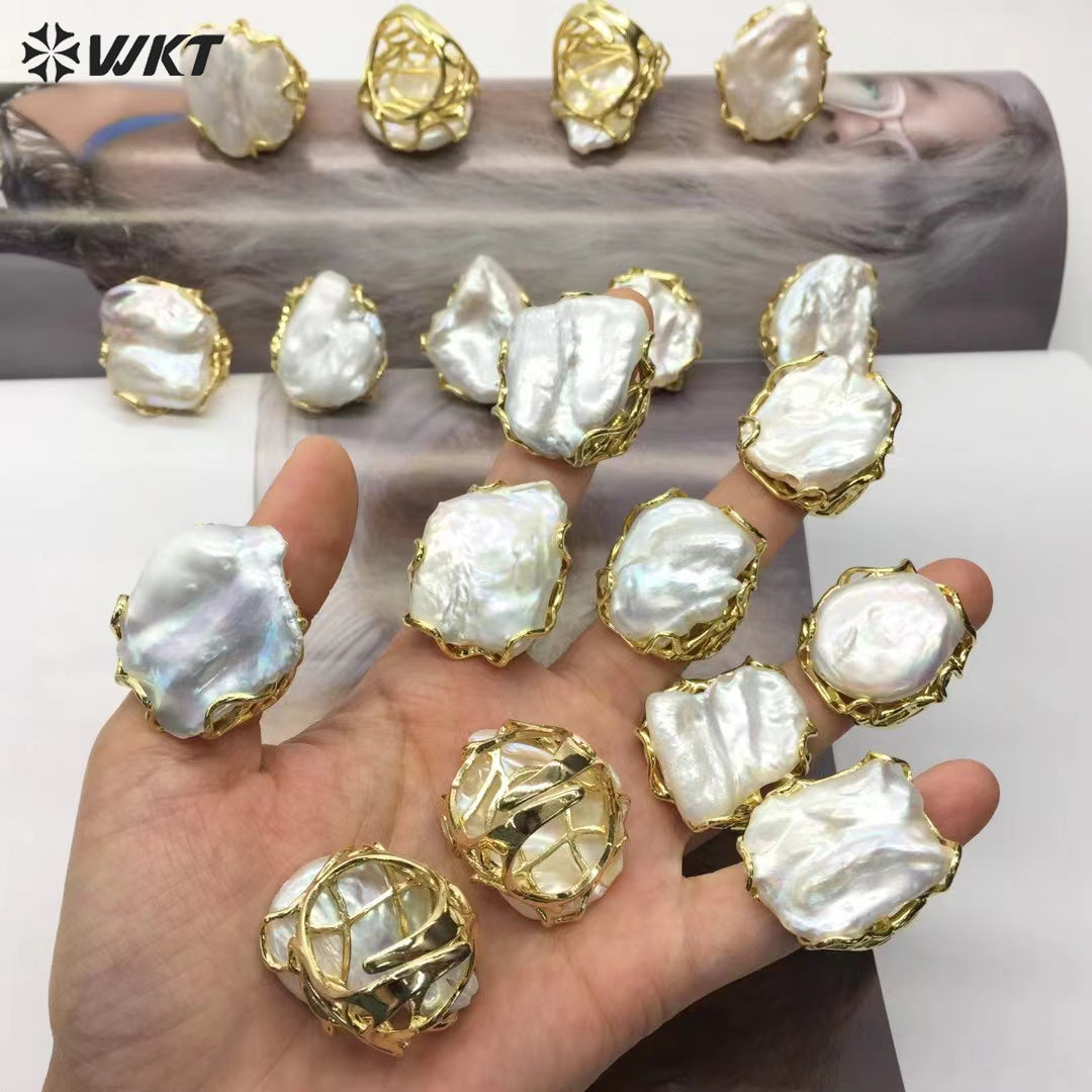 WT-MPR095 Amazing Big Randomly Shape Natural Freshwater Pearl Claw Setting Gorgeous Women Jewelry Rings