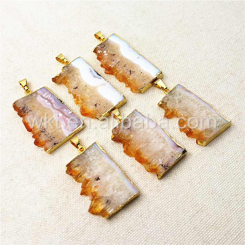 WT-P969 Natural Yellow Citrine Pendant Wholesale for Jewelry Making,high Quality Slice Yellow Citrine Pendant with Gold Plated