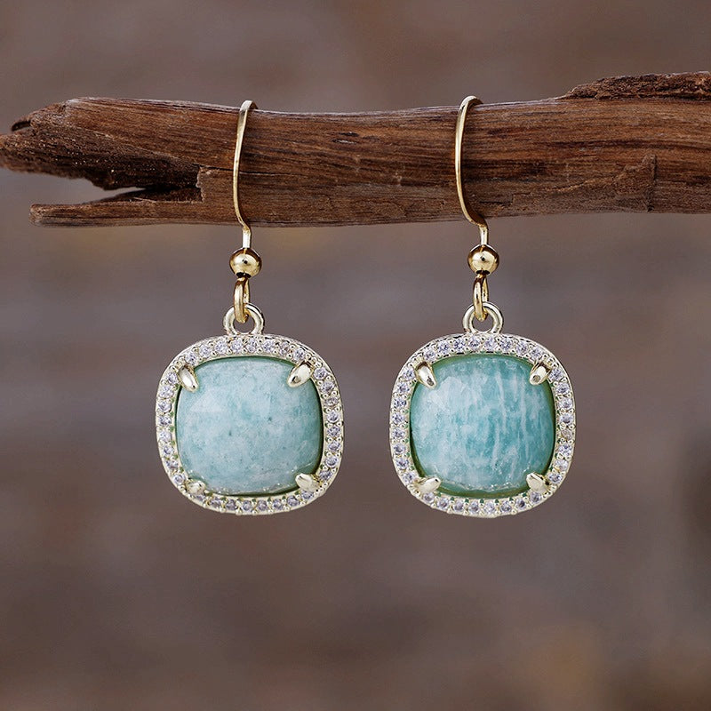WT-E781 Porcelain High Quality Gemstones Women Earrings Natural Amethyst Amazonite Stone Square Shape For Birthday Gift