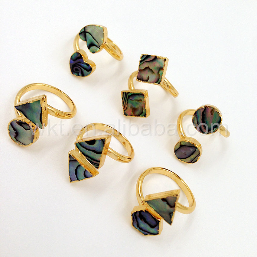 WT-R241 Wholesale 24k Gold Trim Lovely Abalone Shell Ring Double Stone Natural Abalone Shell Ring for Women Wedding Ring