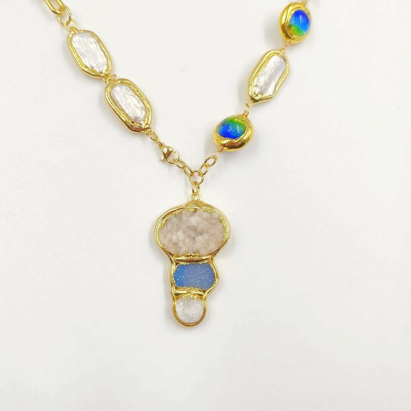 WT-JN257 WKT New Exclusive Design 19 Inch Long Handmade Chain Assemble With Beads Pearl Druzy Agate Pendant Women Necklace