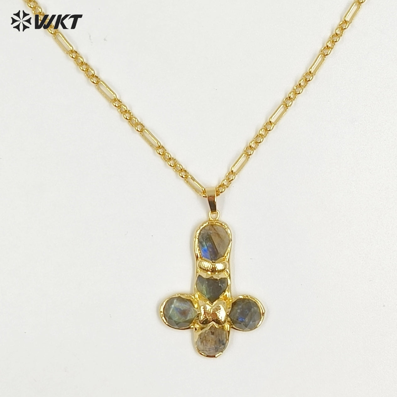 WT-N1495 Newest Wonderful Amazonite Natural Gemstone Back Full Gold Plated Cross Shape Pendant Necklace Fashion Jewelry