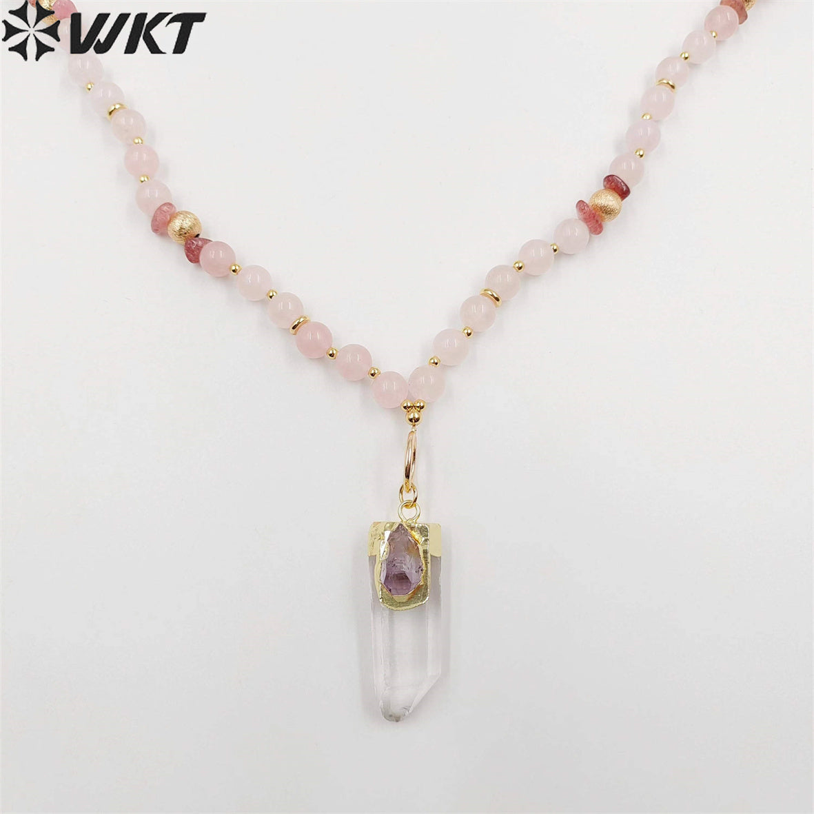 WT-N1411 WKT New Design Women Long Energy Pink Crystal Quartz Point Pendant Necklace Lucky Elegance Shirt Chain Necklace