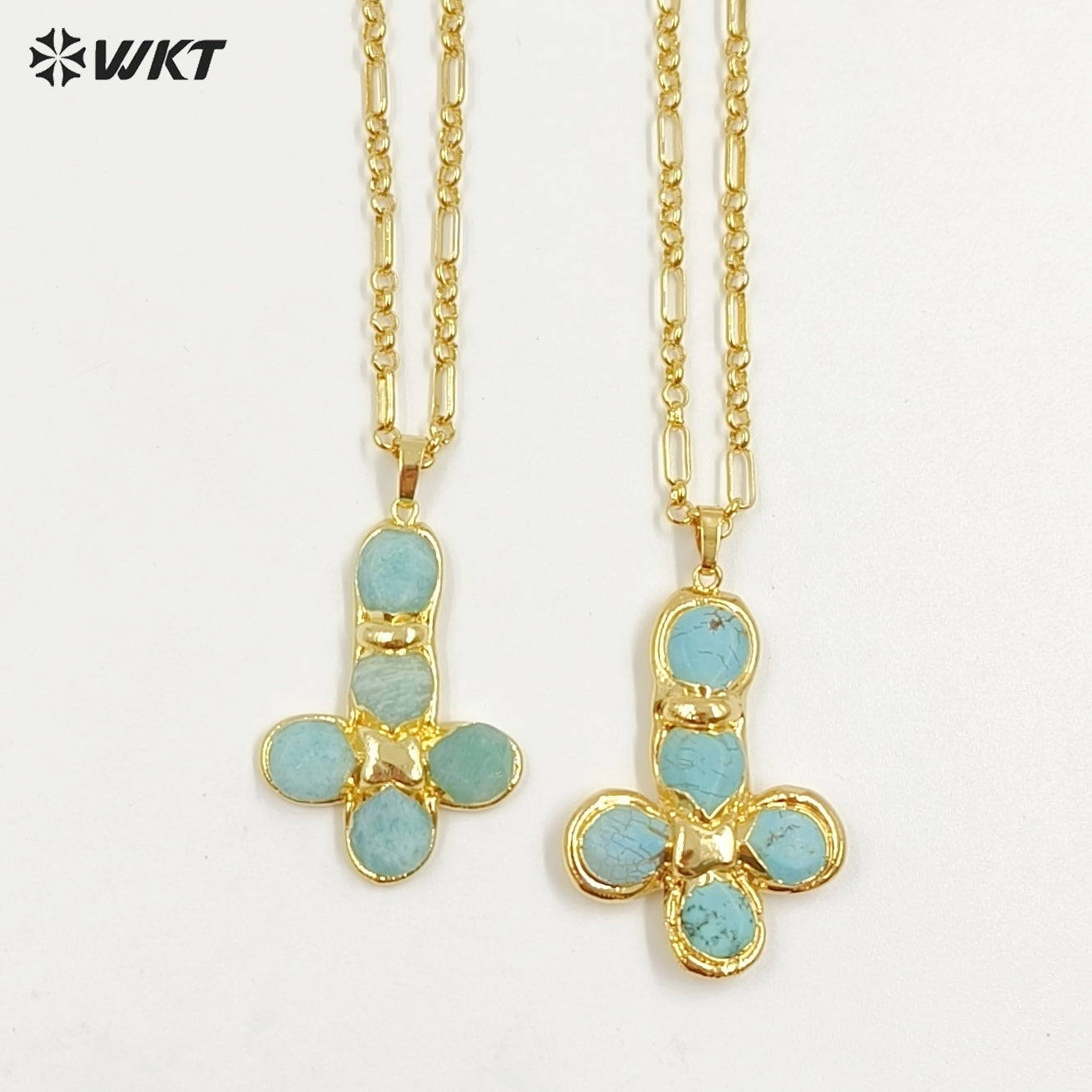 WT-N1495 Newest Wonderful Amazonite Natural Gemstone Back Full Gold Plated Cross Shape Pendant Necklace Fashion Jewelry