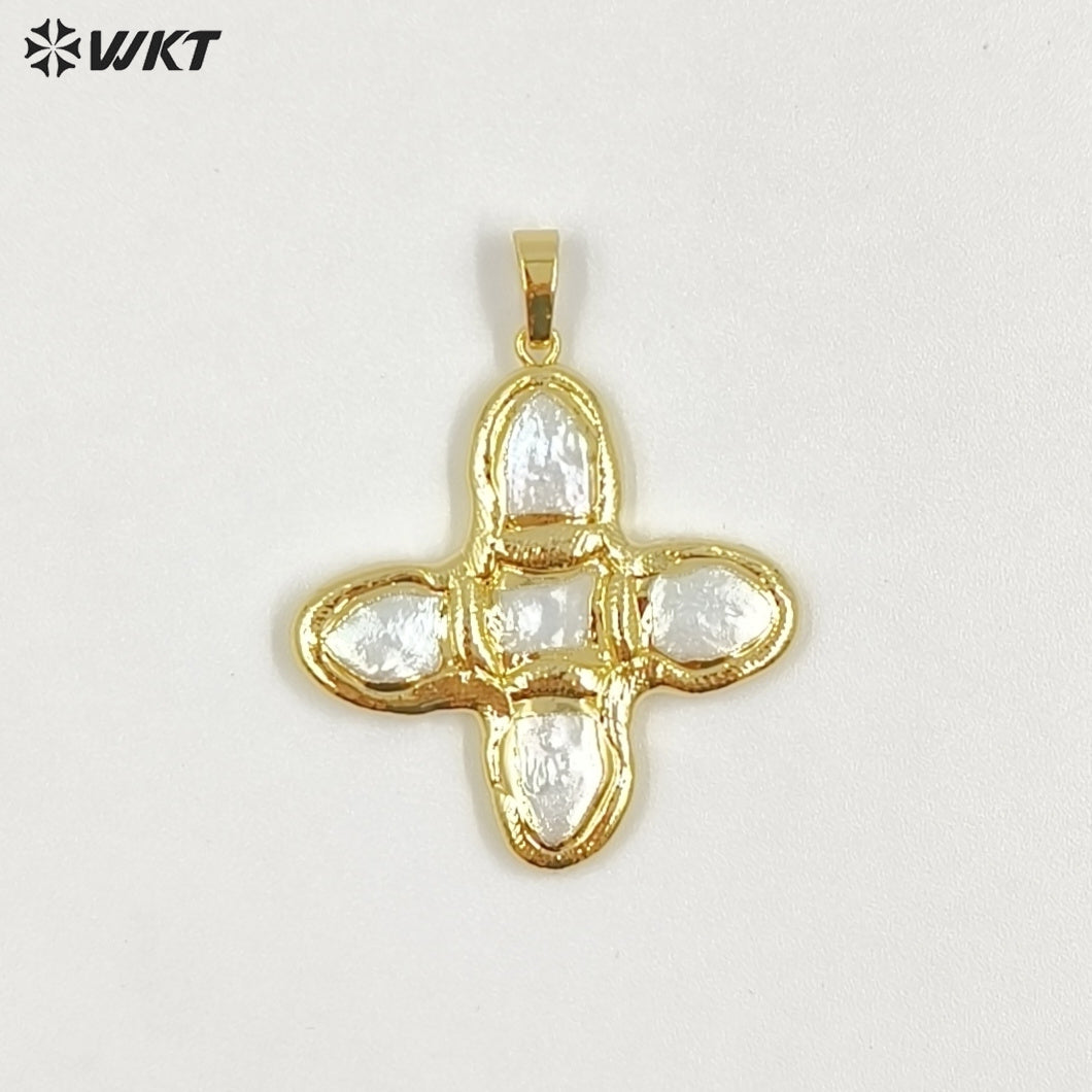 WT-JP444 Popular Design 18K Gold Plated Five Natural Freshwater Pearls Cross Pendant For Handmade Jewelry Accessories