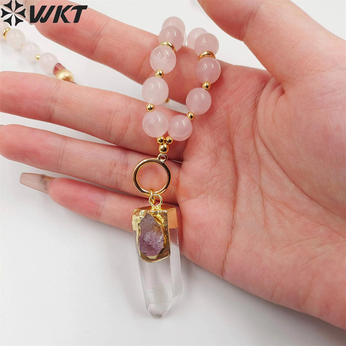 WT-N1411 WKT New Design Women Long Energy Pink Crystal Quartz Point Pendant Necklace Lucky Elegance Shirt Chain Necklace