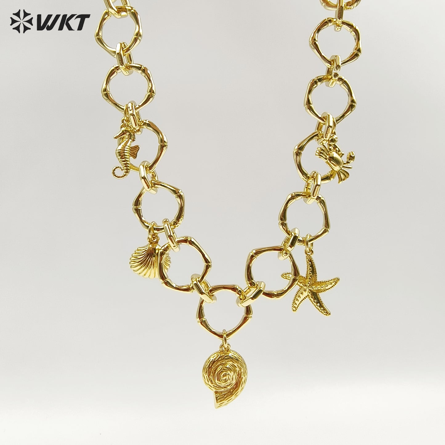 WT-JFN45 Summer Popular Yellow Brass 18K Gold Plated Big Circle Chain With Multi Little Charms Necklace For Cool Girls Jewelry