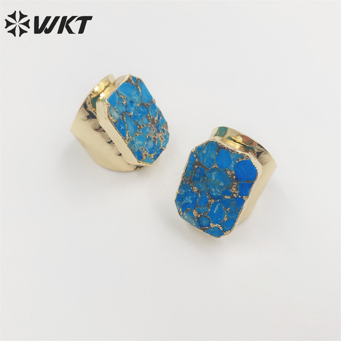 WT-R421 Wholesale Fashion Gold Long square Copper Turquoise Ring with Big Band Gorgeous Cocktail Party Ring for Women Stone Ring