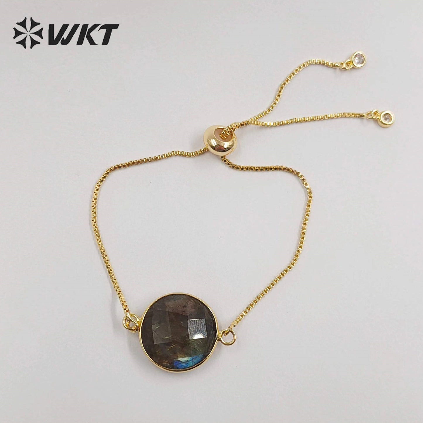 WT-B343 Trendy Design Natural Labradorite Connector Bracelet, Charm Round 24K Real Gold Plated Labradorite Connector Bracelet
