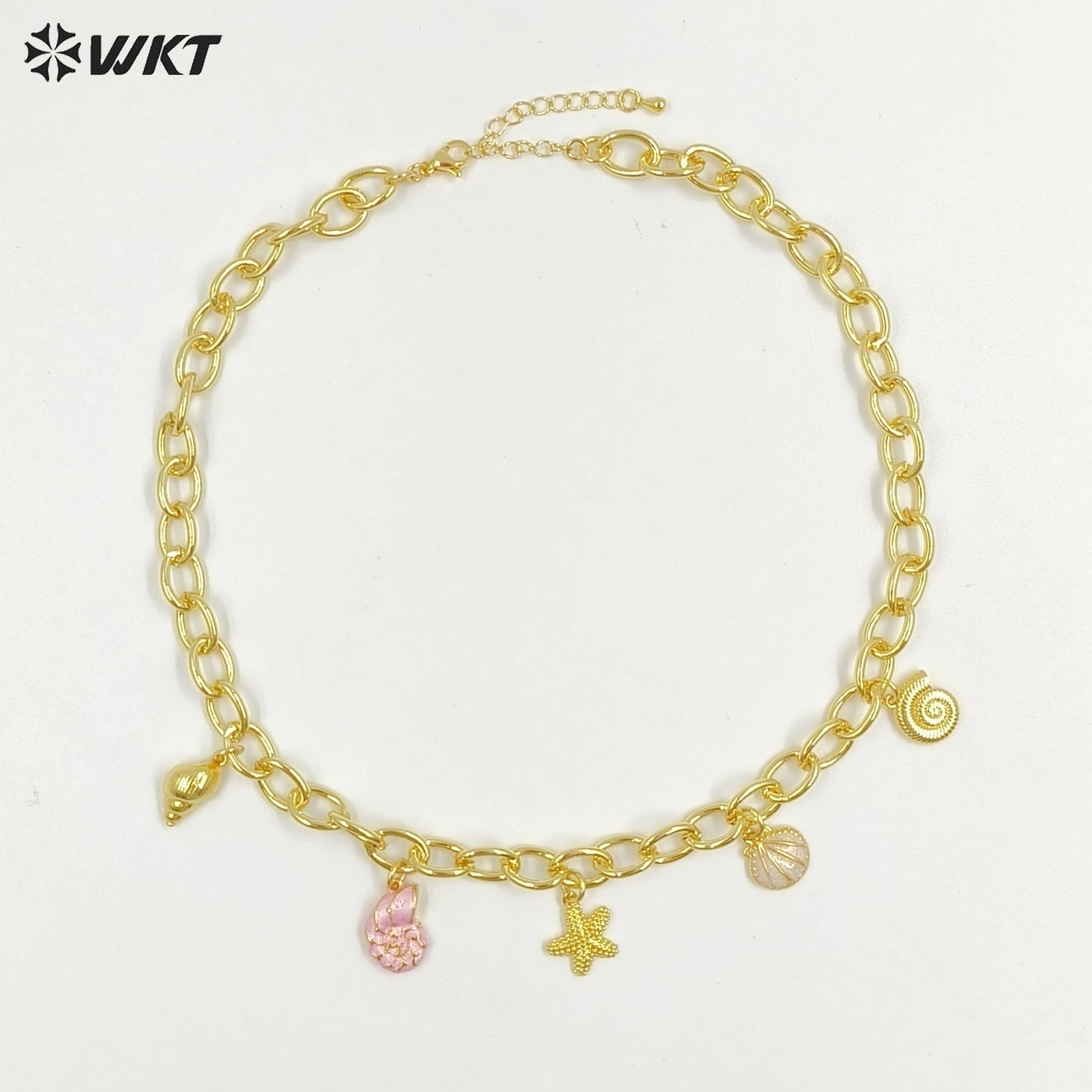 WT-JFN48 High Quality Yellow Brass Big Chain Gold Plated With Ocean Shells Charms Necklace For Ladies Summer Beach Theme Party