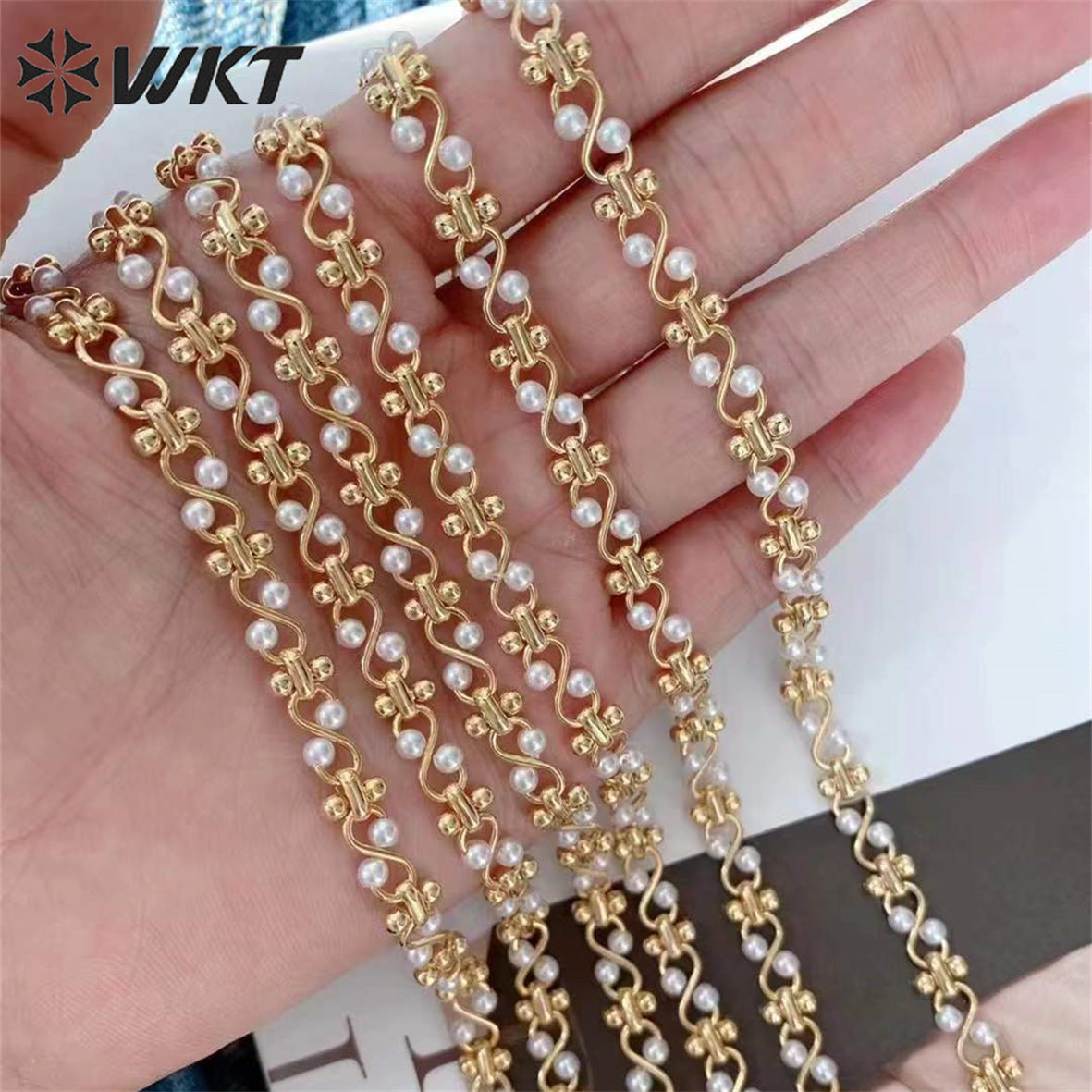 WT-RBC219 Newest Twisted Watch Strap Chain for Bracelet 18k Real Gold Plated Handmade Beads Jewelry Chain in Meters