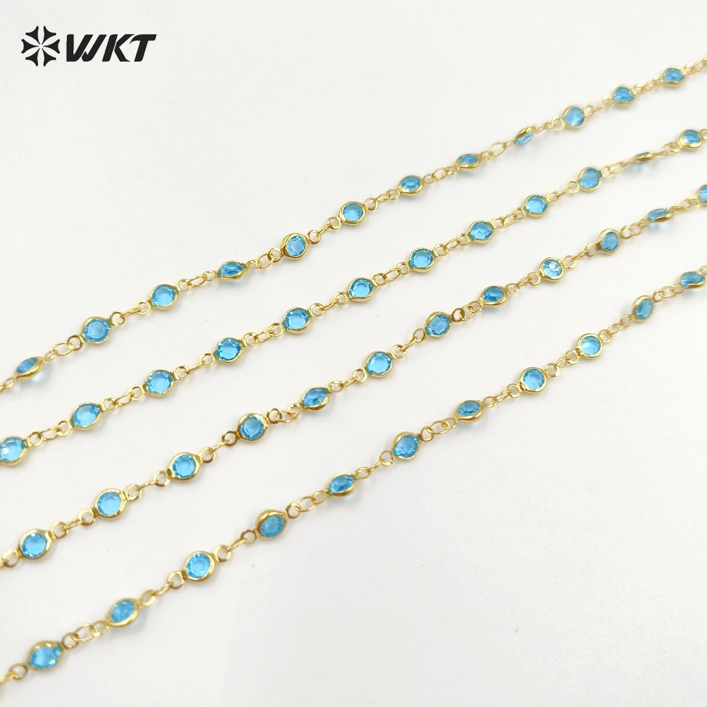 WT-RBC230 Super Hot 18K Real Gold Plated Aqua Crystal Round Beads Chain for Women Jewelry Necklace DIY Design Findings