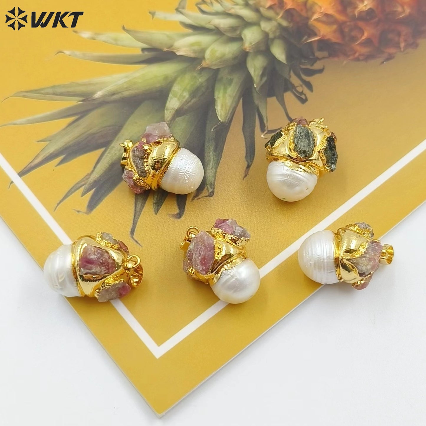 WT-JP377 Newest Fashion 18K Real Gold Plated Natural Baroque Pearl Pendants With Tourmaline Charms on Cap
