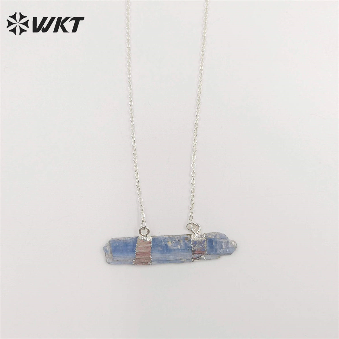 WT-N482 Wholesale Raw Blue Kyanite Double Loops Necklace With 18" Long Chain Natural Raw Blue Stone Kyanite Necklace