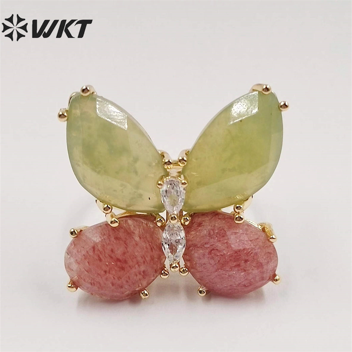 WT-R464 Amazing Natural Gemstone Carved Stone Ring Gorgeous Women Gold Plated Hand Carved Fashion Butterfly Ring