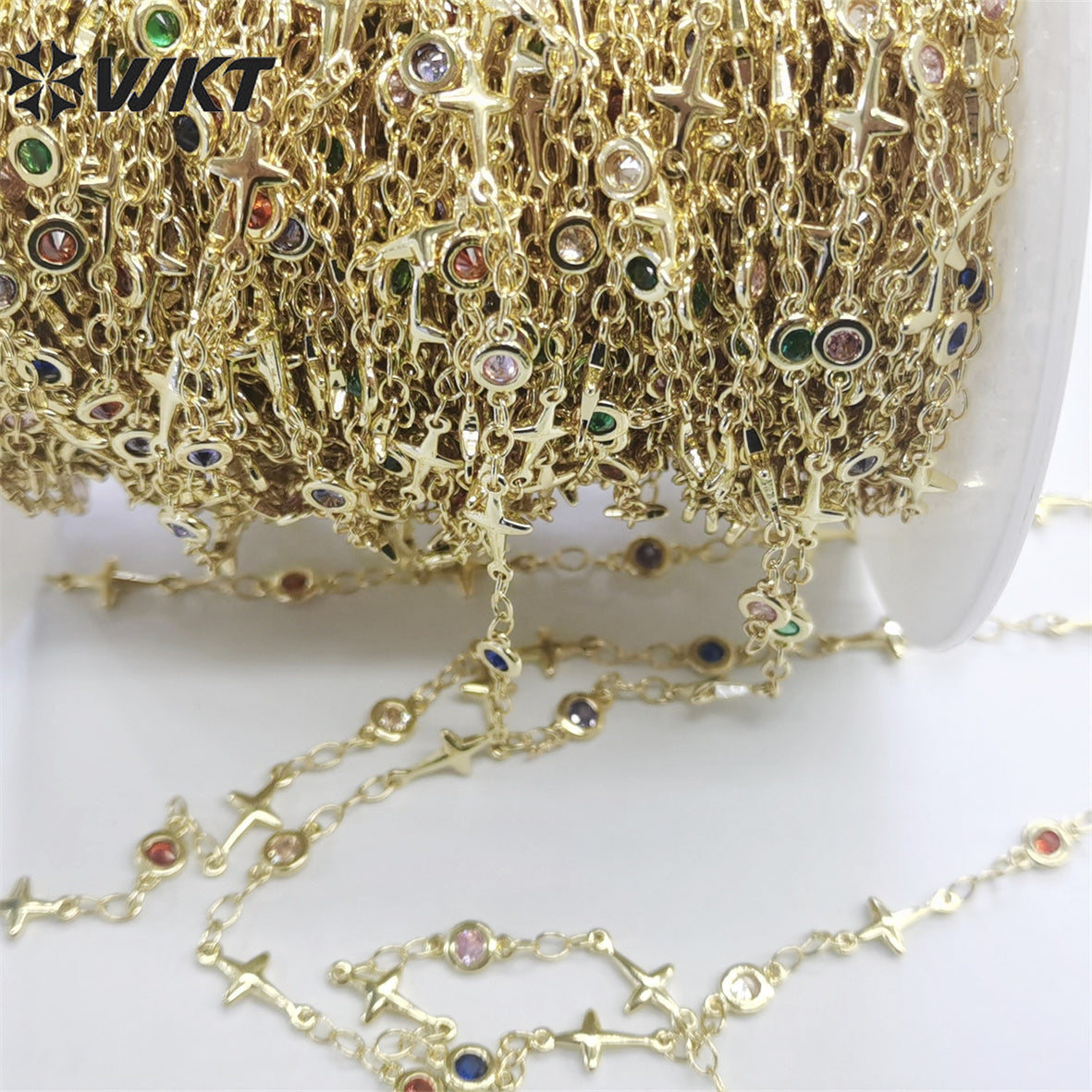 WT-RBC213 Fashion Gold Plated Colorful Cubic Zircon Cross Chain Religious Charming Jewelry DIY Making Chain for Bracelet