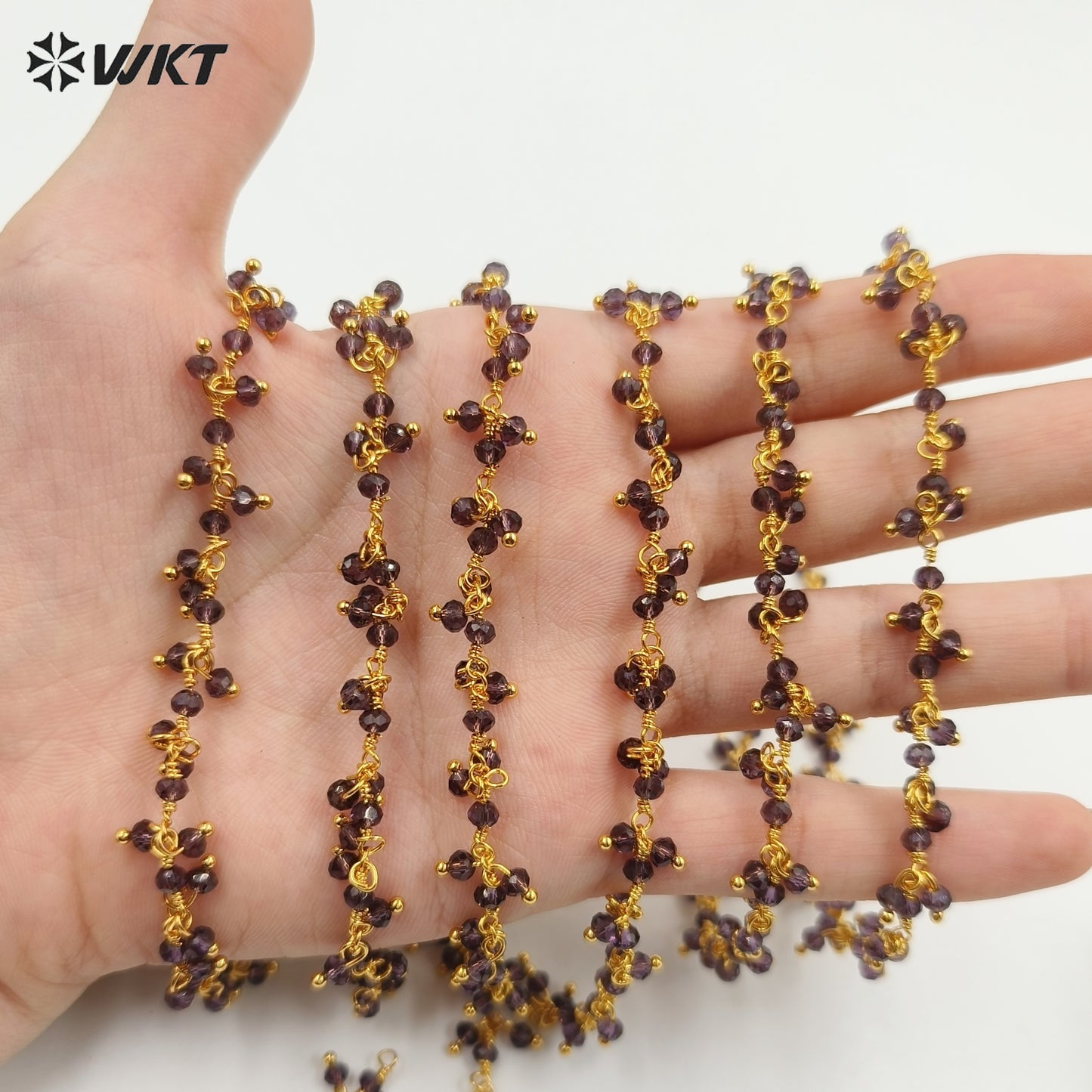 WT-RBC228 Wholesale New Fashion 18K Gold Plated Resist Tarnishable Purple Amethyst Charming Beads Chain for Necklace Design
