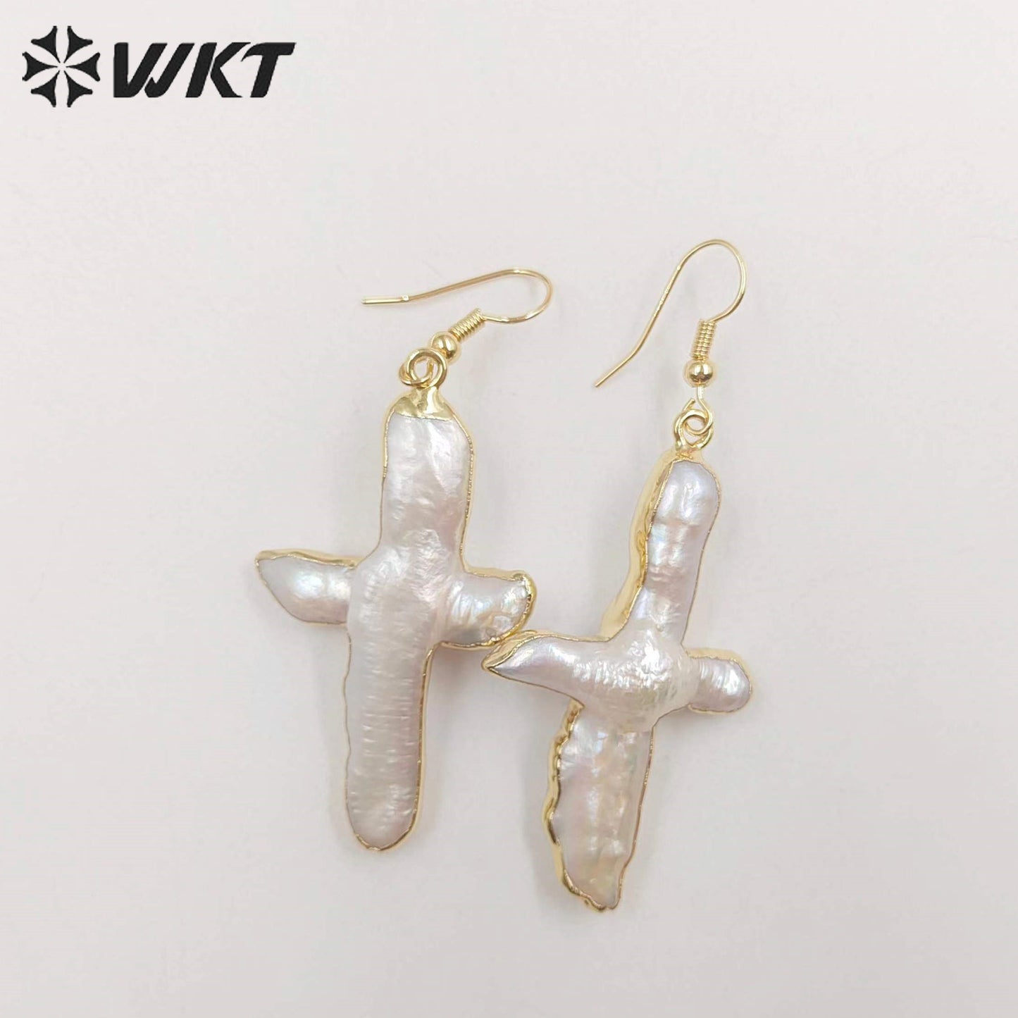 WT-E071 Super Hot Christian Religious Cross Earrings 18k Real Gold Plated Dangle Natural Freshwater Pearl Earrings for Wedding