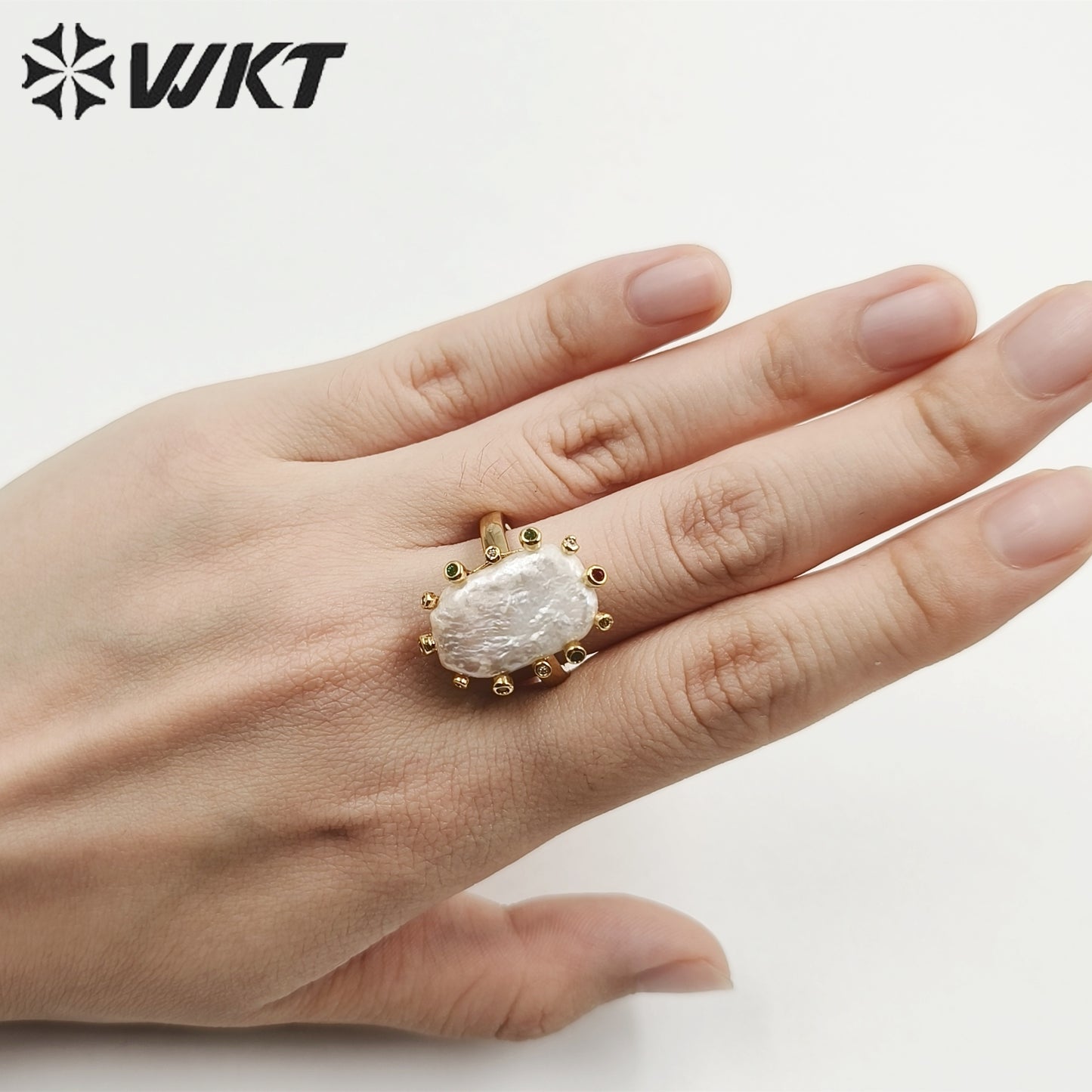WT-MPR058 Freshwater Pearl Zircon Stravagante 18k Gold Plating Trendy Ring Lovely Women Natural Pearl Boho Ring for Gift