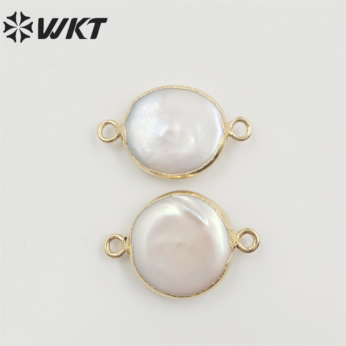 WT-C152 Unique Round Pearl Connector Wholesale for Jewelry Making, Double Loops Natural Pearl Connector with 24k Gold Plated