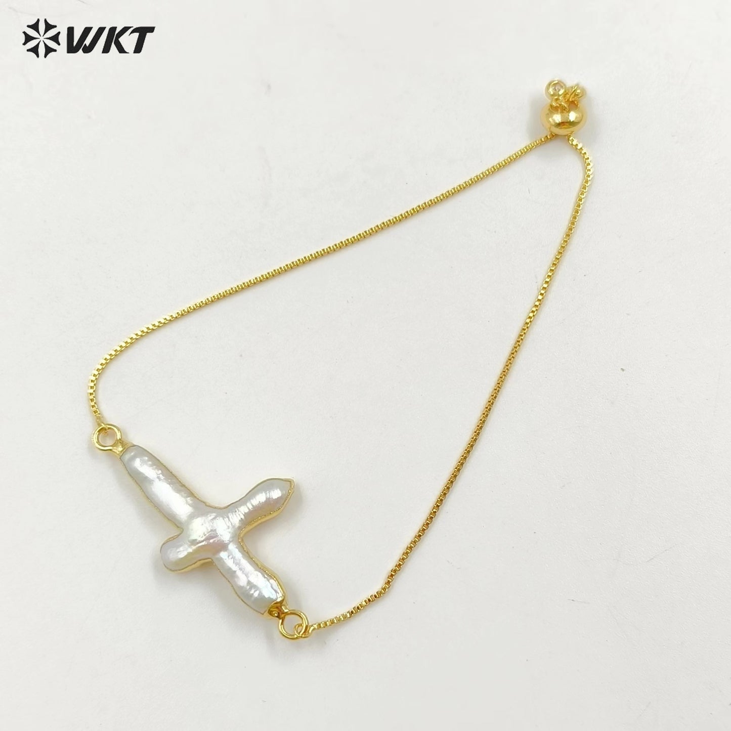 WT-B341 Gorgeous Natural Cross Pearl Chain Bracelet , 24K Genuine Gold Plated Handmade Pearl Chain Bracelet for Women