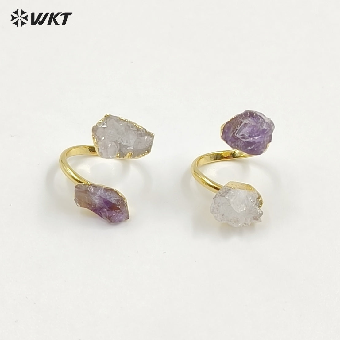 WT-R495 Amazing WKT New Design Natural Double Stone Druzy Crystal Quart and Black Tourmaline Stone Ring in Adjustable Size