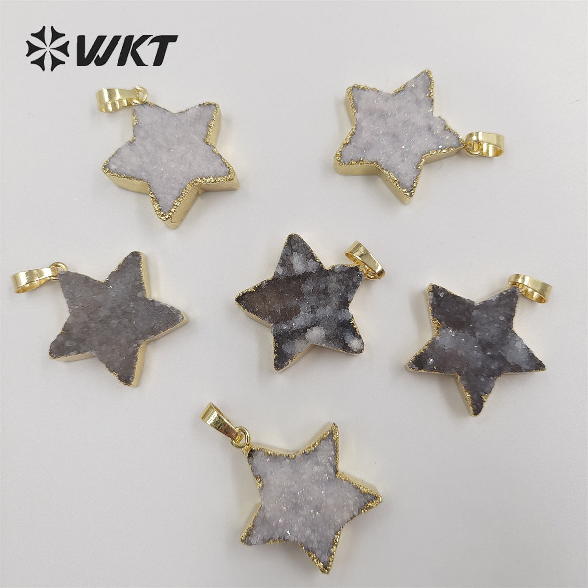 WT-P1828 Wholesale Fashion Gold Trim Natural Druzy Quartrz Stone Star Pendant with Aura Brightly Crystal Quartz Aura Star Stone