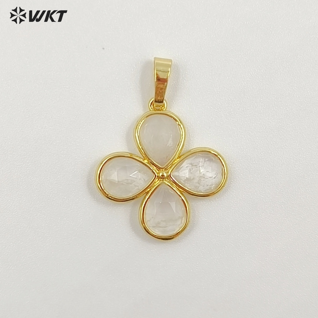 WT-P2031 Romantic Lovely Gold Plated Lucky Four Leaves Clover Flowers Shape Natural Gemstone Pendants For Ladies Necklace DIY