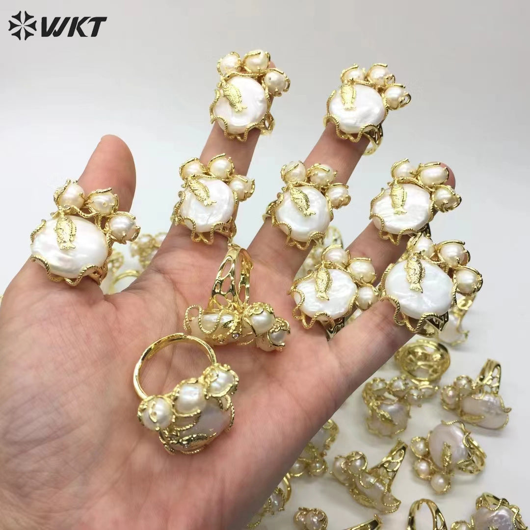 WT-MPR096 New Design 18K Real Gold Plated Resist Tarnishable Natural Freshwater Pearl Claw Setting With Fish Women Ring