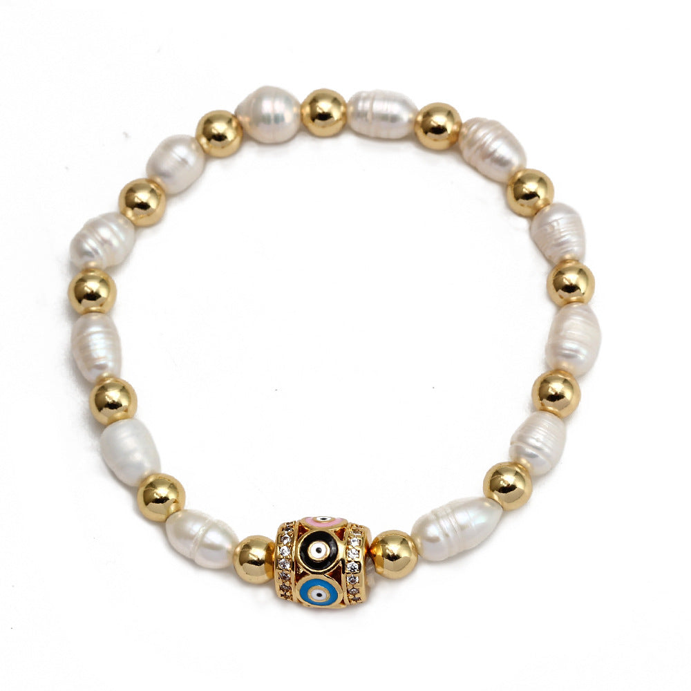 WT-MB123 Gorgeous Enamel Beads Women Bracelets Charming Natural Rice Pearl Beads Strand Bracelet with Turkey Eye Charms