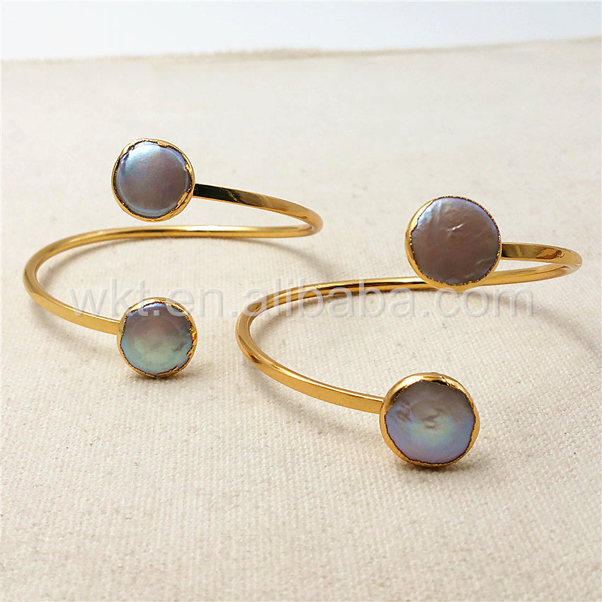 WT-B272 Amazing Elegant Pearl Shell Bracelet,Wholesale 24k Real Gold Plated Double Stone Round Pearl Shell Bracelet for Women