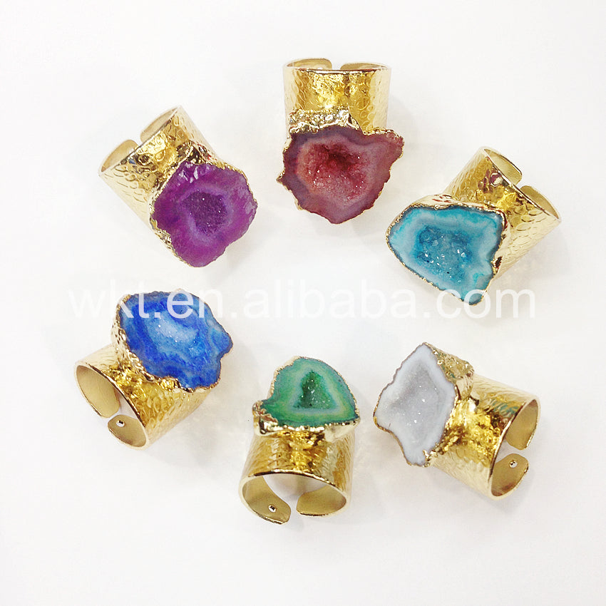 WT-R242 Fashion Design Trendy 24k Gold Plated Natural Druzy Geode Agate Ring Stone Ring