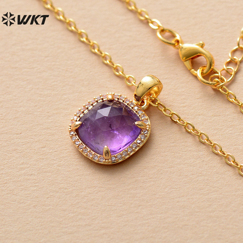 WT-N1488 Fashion Lady Square Micro Pave Setting Natural Amethyst Amazonite Lapis Charm Necklace in 18K Gold Plated