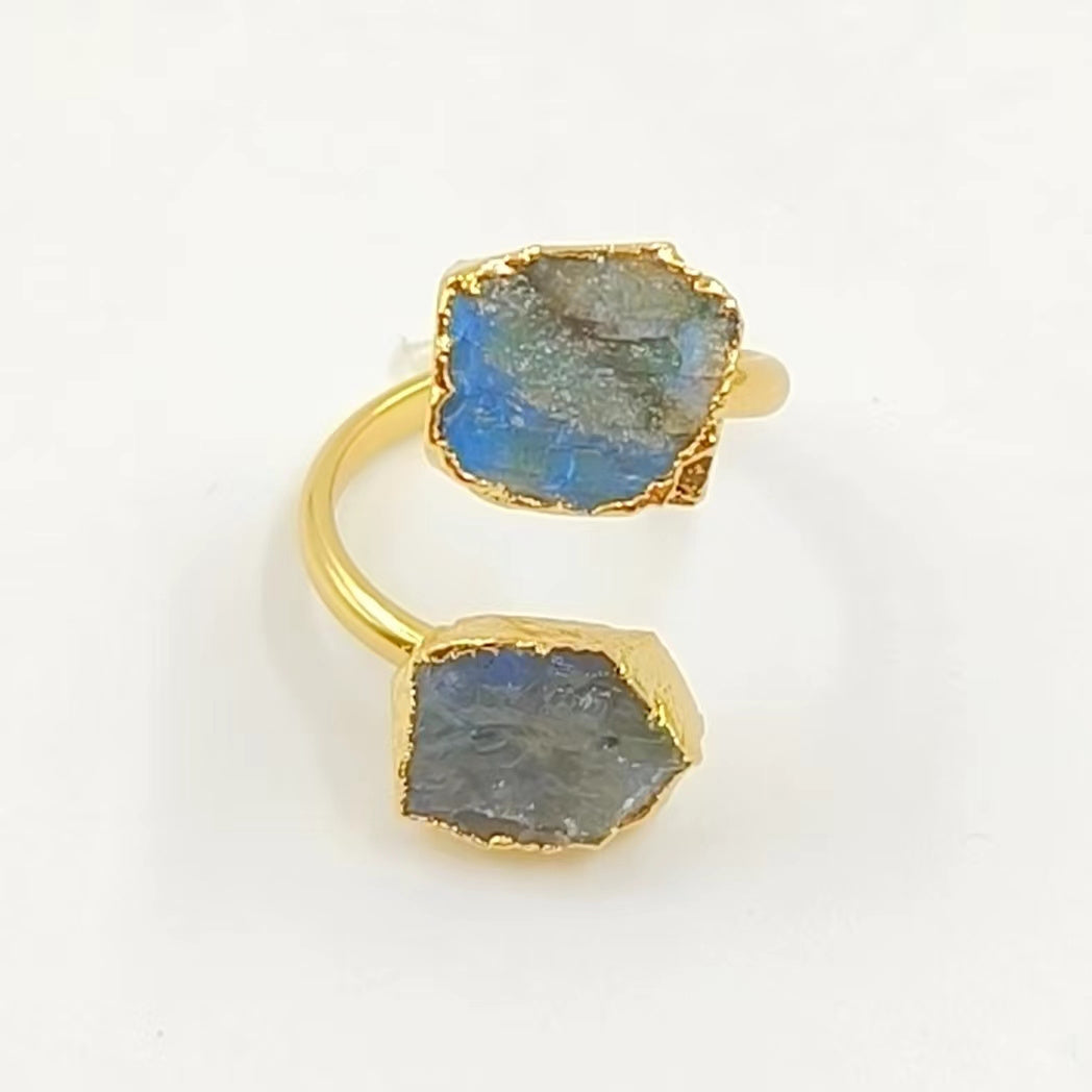 WT-R506 WKT Exclusive Design Double Natural Raw Gemstone Ring Women 18k Gold Plated Quartz Stone Birthday Gift