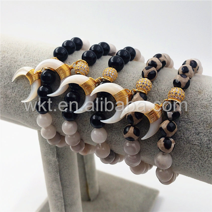 WT-B270 Genuine Natural Crescent Shell Horn Charm Grey Agate Beads Bracelet,Wire Wrapped Shell Bead Bracelet