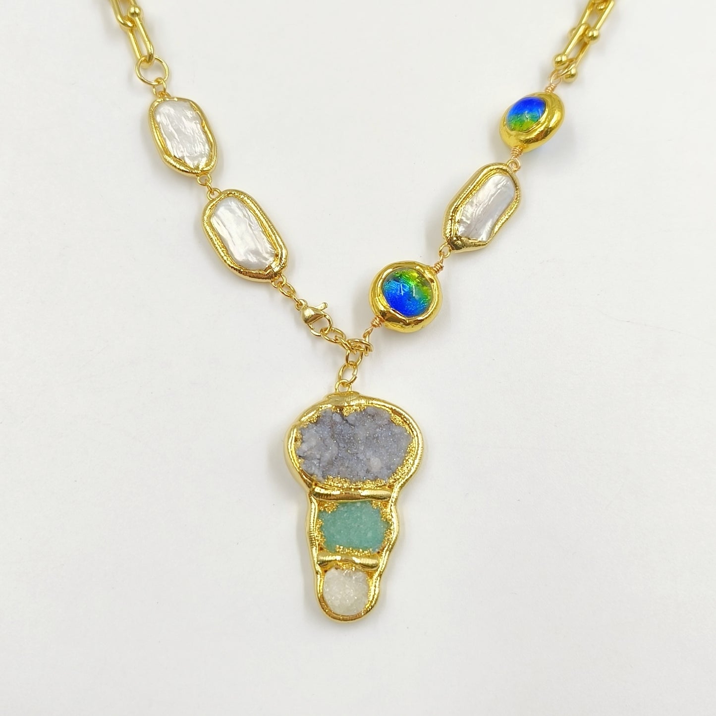 WT-JN257 WKT New Exclusive Design 19 Inch Long Handmade Chain Assemble With Beads Pearl Druzy Agate Pendant Women Necklace