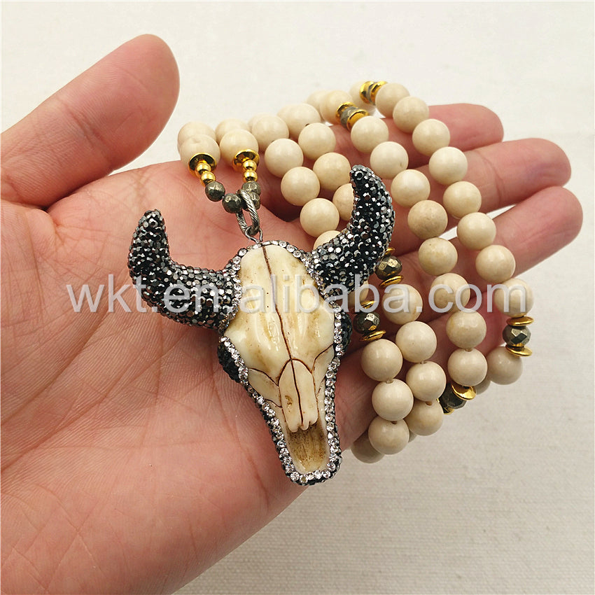 WT-N859 Fashion 8mm Cream Stone Beads Buffalo Head Necklace ,32" Beads Resin Buffalo Head Necklace in High Quality