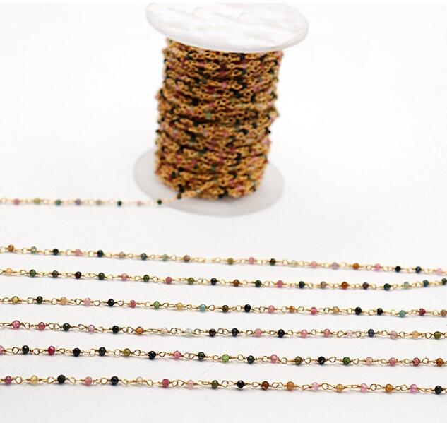 WT-RBC190 Wholesale Fashion Gold Electroplated Colorful Natural Tourmaline Beads Chain Handmade Stone Made Rosary Beads Chain