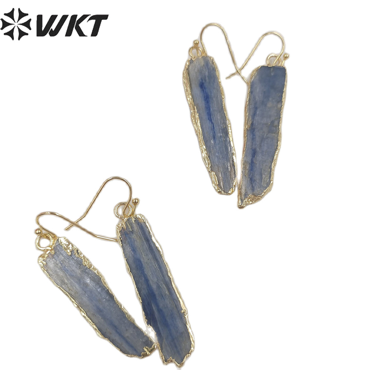 WT-E137 Natural Raw Gemstone Blue Kyanite Earrings, Raw Stone Gold Dipped Earrings for Women Dangle Pendant Earrings
