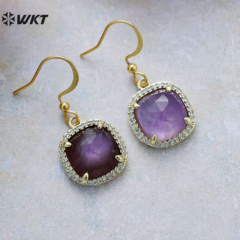 WT-E781 Porcelain High Quality Gemstones Women Earrings Natural Amethyst Amazonite Stone Square Shape For Birthday Gift