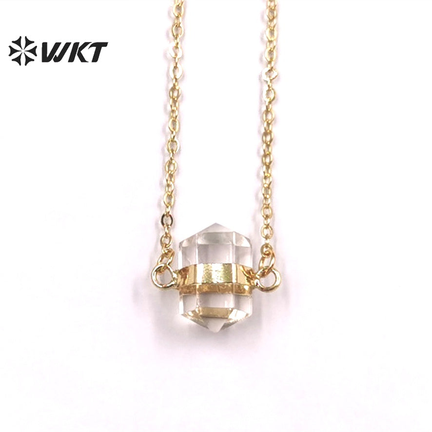 WT-N1379 Attractive Small Hexagon Necklace Fashion 18k Gold Plated Pendant Necklace Natural Crystal Quartz Pendant Necklace
