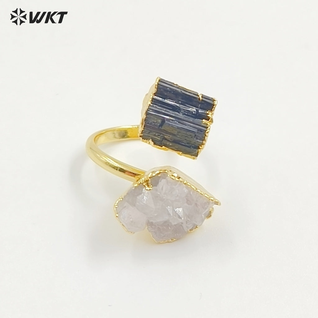 WT-R495 Amazing WKT New Design Natural Double Stone Druzy Crystal Quart and Black Tourmaline Stone Ring in Adjustable Size