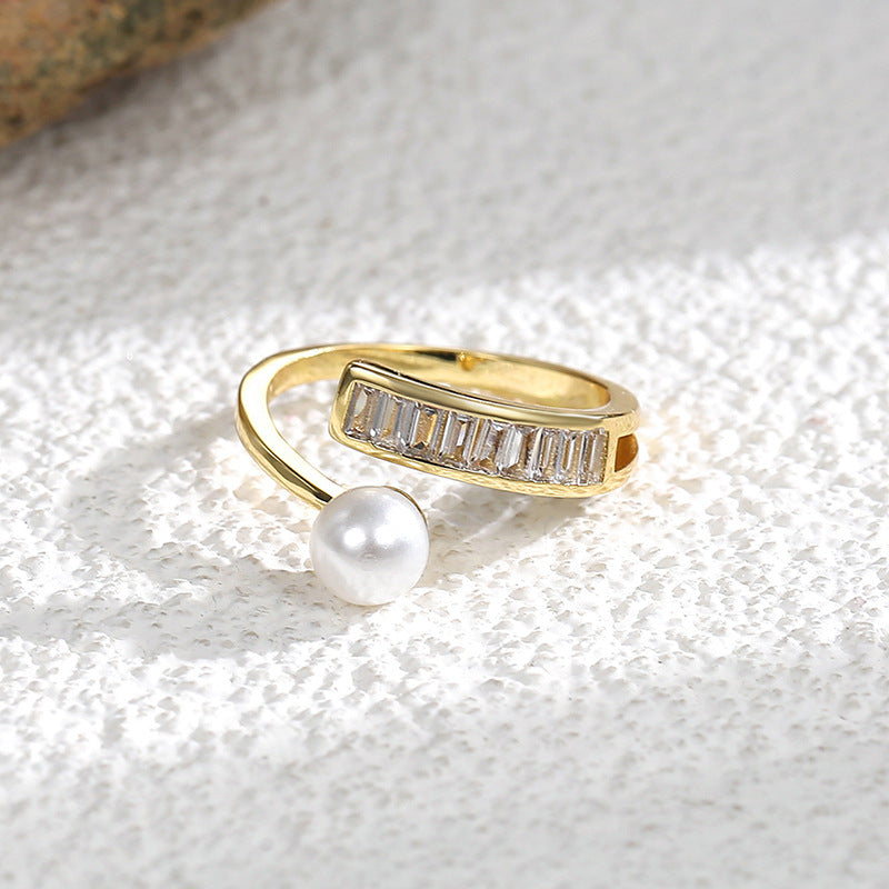 WT-MR045 Wholesale Popular Fashion Gold Plated Freshwater Pearl And Zircon Adjustable Rings For Ladies Daily Matching