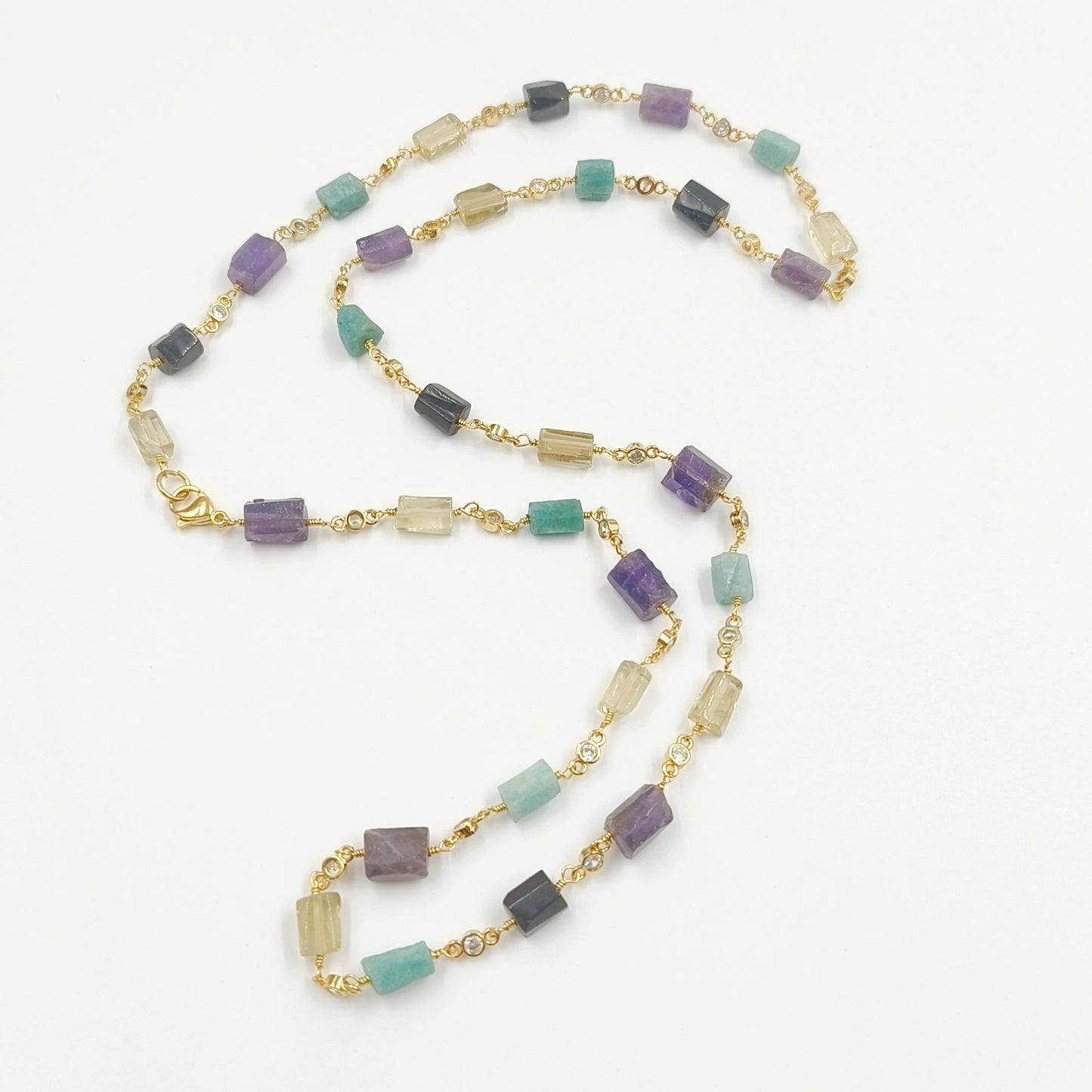 WT-N1433 Handmade Natural Stone Beads Chain 18k Yellow Gold Beads Necklace Gemstone Statement Necklace