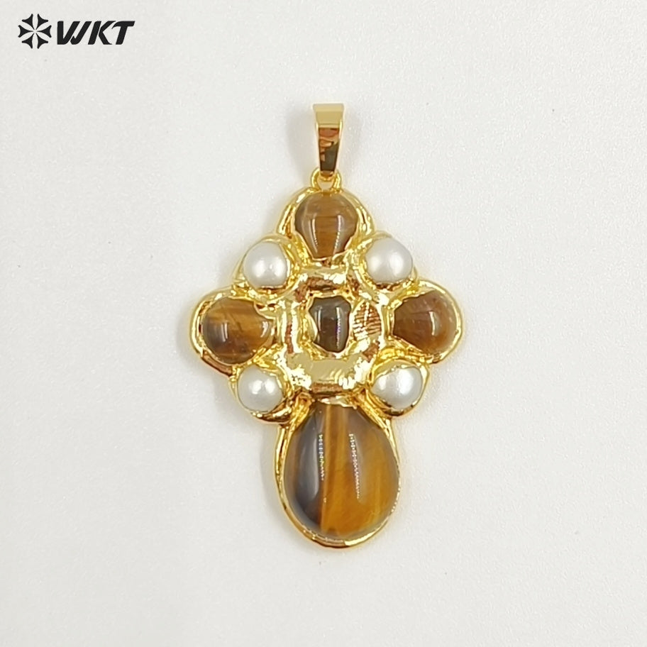 WT-JP384 Specially Designed Religious Unisexual 18K Gold Plated Cross Shaped Pearl and Turquoise Pendant As Daily Decoration