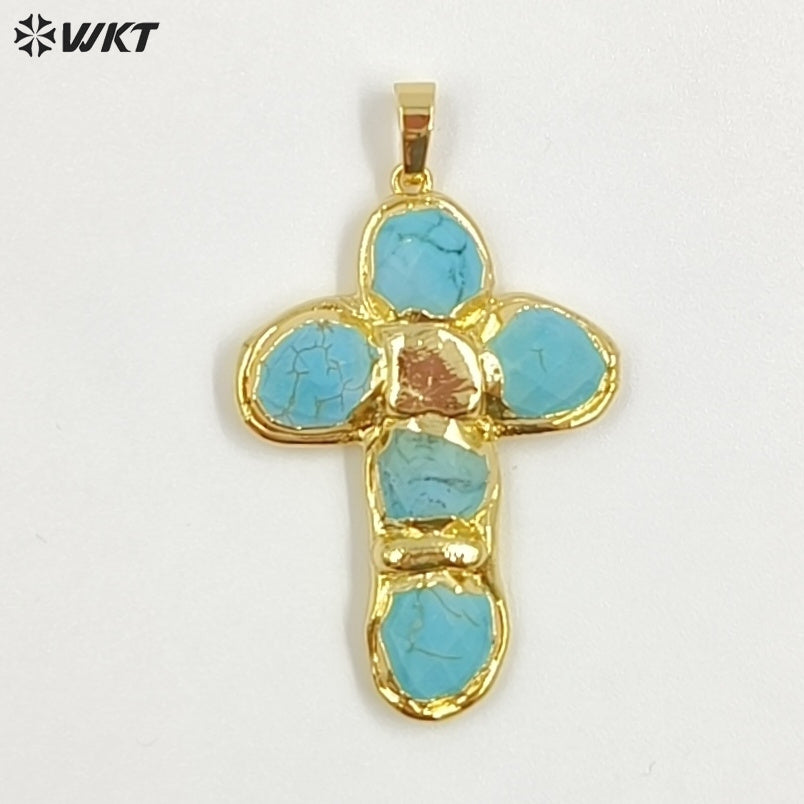 WT-P2027 Amazing Back Full Gold Plated Amazonite Multi Colors Natural Gemstones Cross Shape Pendants For Popular Necklace DIY