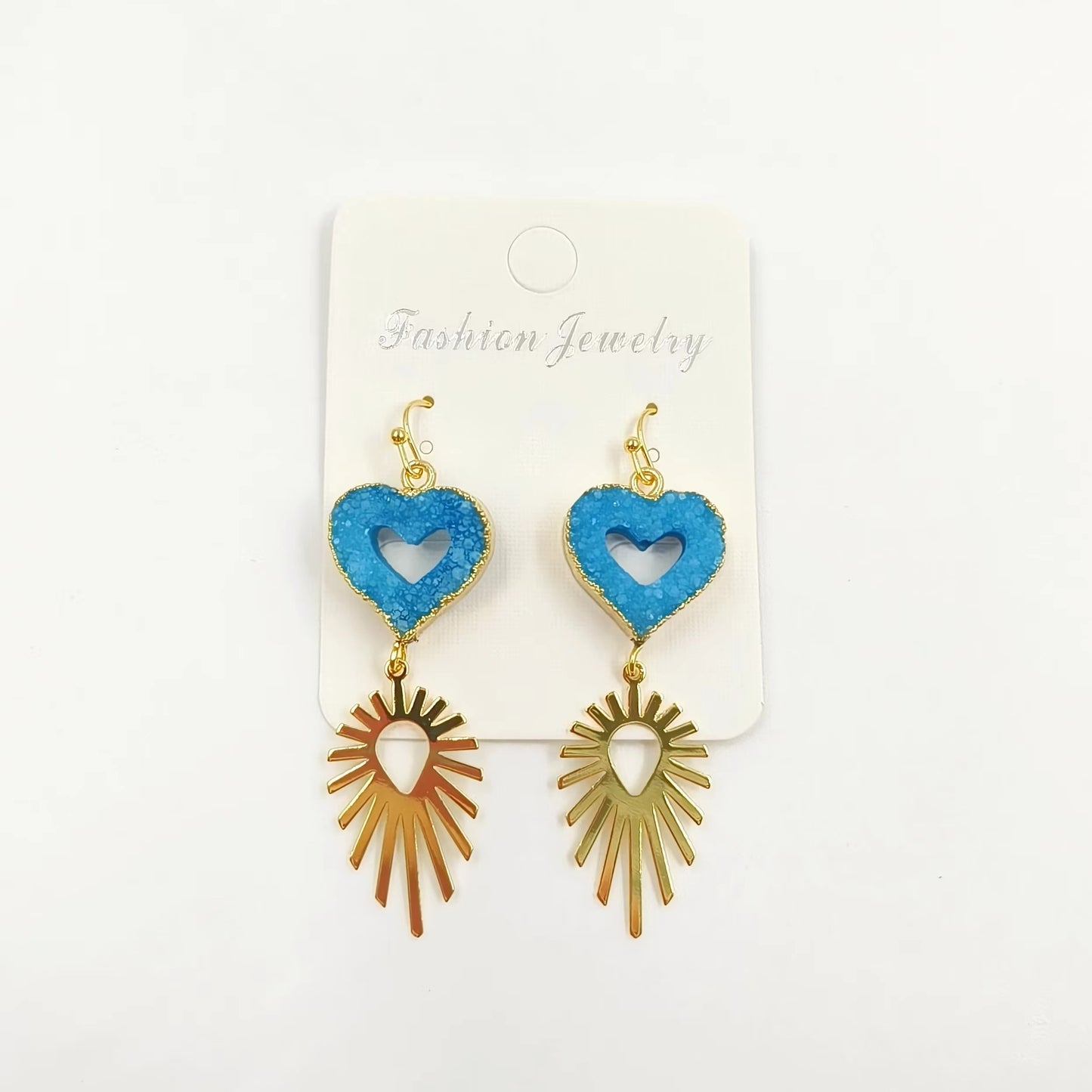 WT-E747 Wholesale Fashion New 18k Gold Plated Hollow Design Lovely Druzy Quartz Made Heart and Leaf Stone Earrings