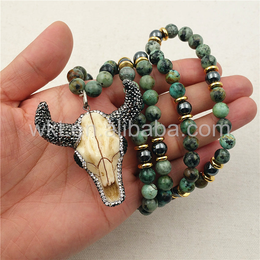 WT-N858 Wholesale 32" Beads Cattle Necklace Design Jewelry,8mm Africa Turquoise Beads Cattle Necklace Charm Rhinestone Paved